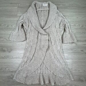Laurie‎ b. Womens Cardigan Sweater Tan Small Cable Knit Bell Sleeve Shawl Collar